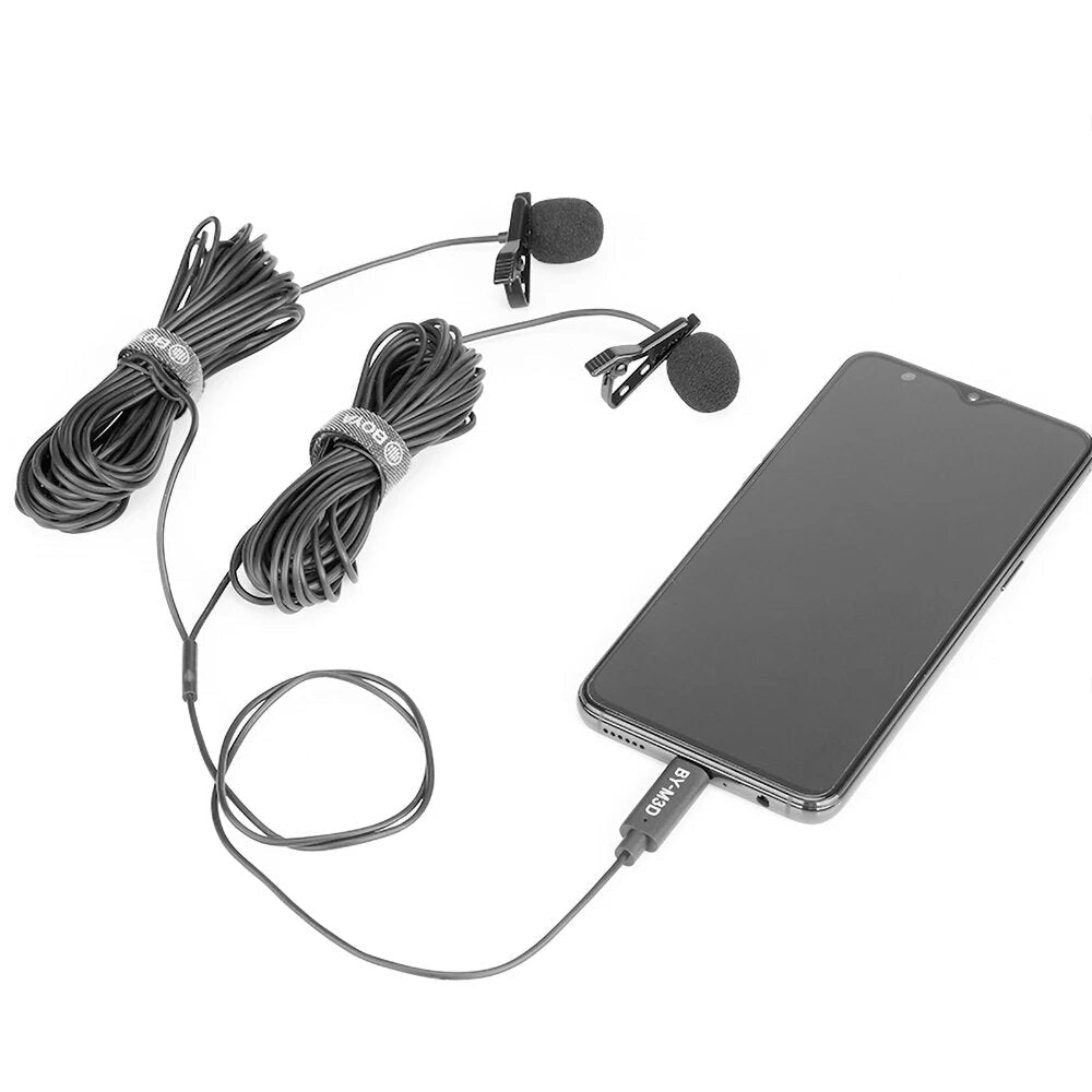 Dual Lavalier Microphone Omnidirectional Digital Clip-on Lapel Collar Mic for USB Type-C Android Smartphone iPad Pro PC 6M