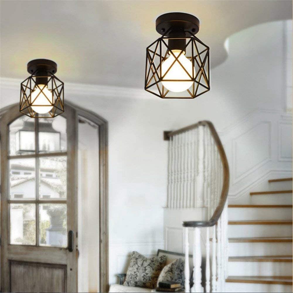 Vintage Wall Lamp Metal&Wood Frame Flush Ceiling Light Fixture