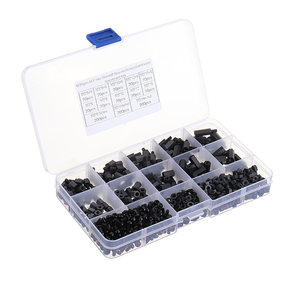 M3NH17 780Pcs M3 Nylon Screw Black Hex Screw Nut PCB Standoff Spacer Column Assortment Kit