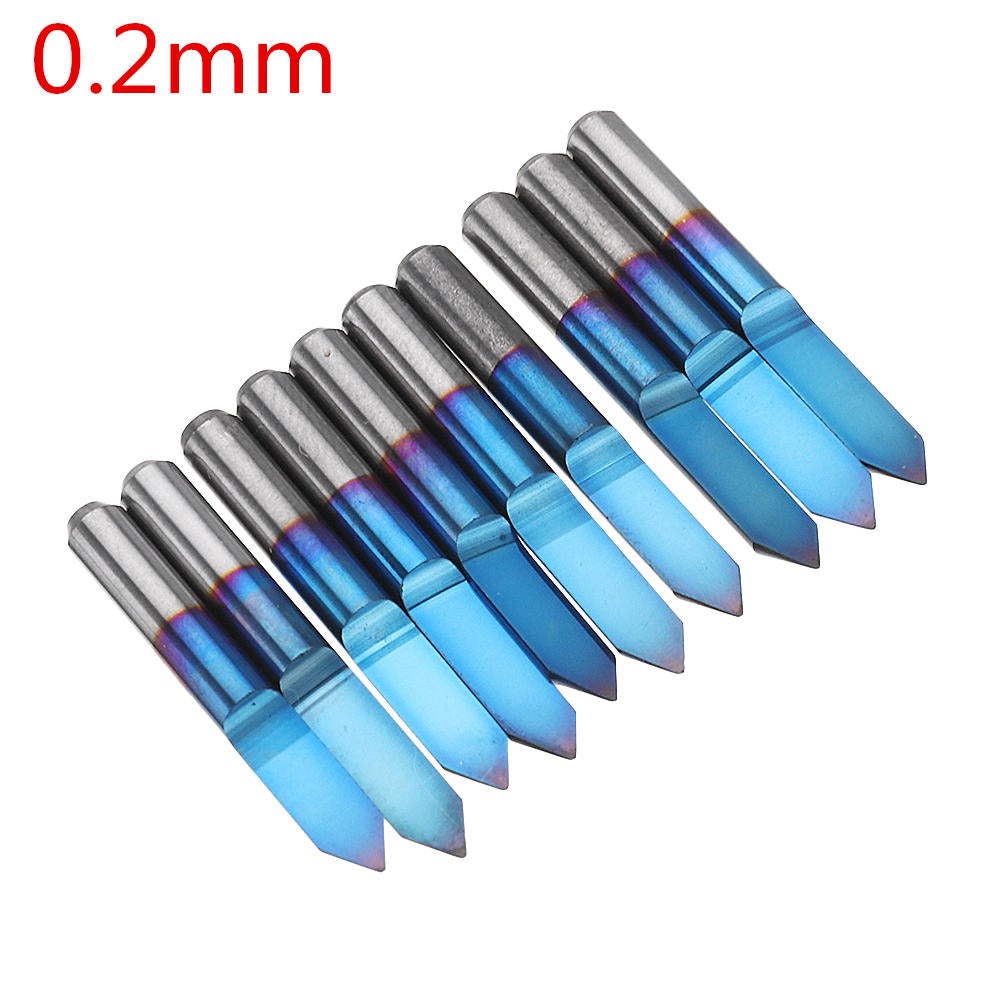 10pcs 0.1/0.2/0.3/0.4mm 60 Degree Engraving Bit Flat Bottom PCB Engraving Bit Blue NANO Coated Carbide CNC Router Tool
