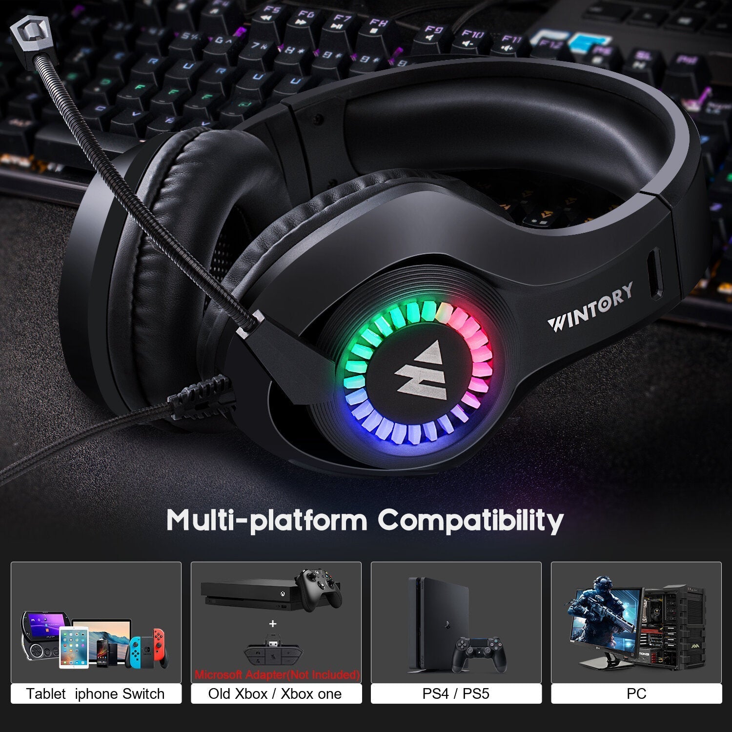 Gaming Headset Stereo RGB Light 50mm Driver Stereo Adjustable Noise Canceling Headphone with Mic