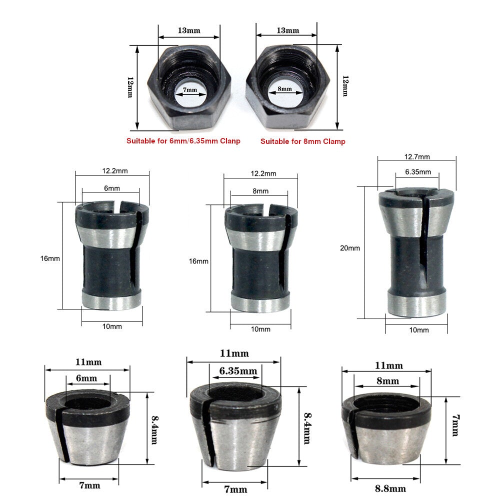 6mm/6.35mm/8mm Collet Chuck Adapter Engraving Trimming Machine Electric Router Collet Chuck For Machinery Manufacturing Woodworking Cutter