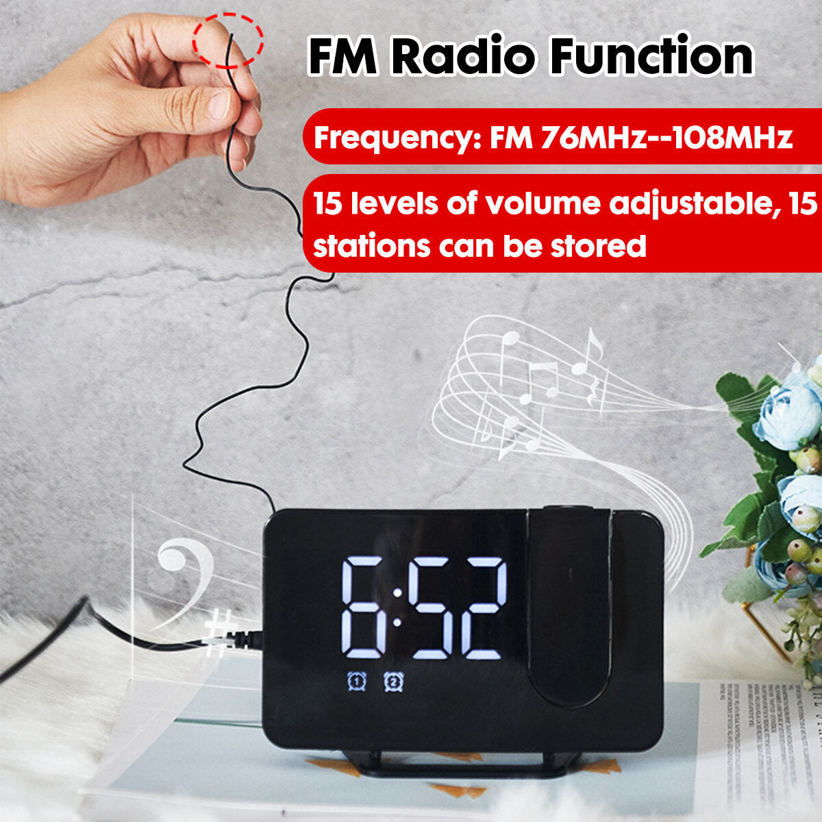 USB FM Radio Alarm Clock With Time Projection Dimmable Alarm Clock