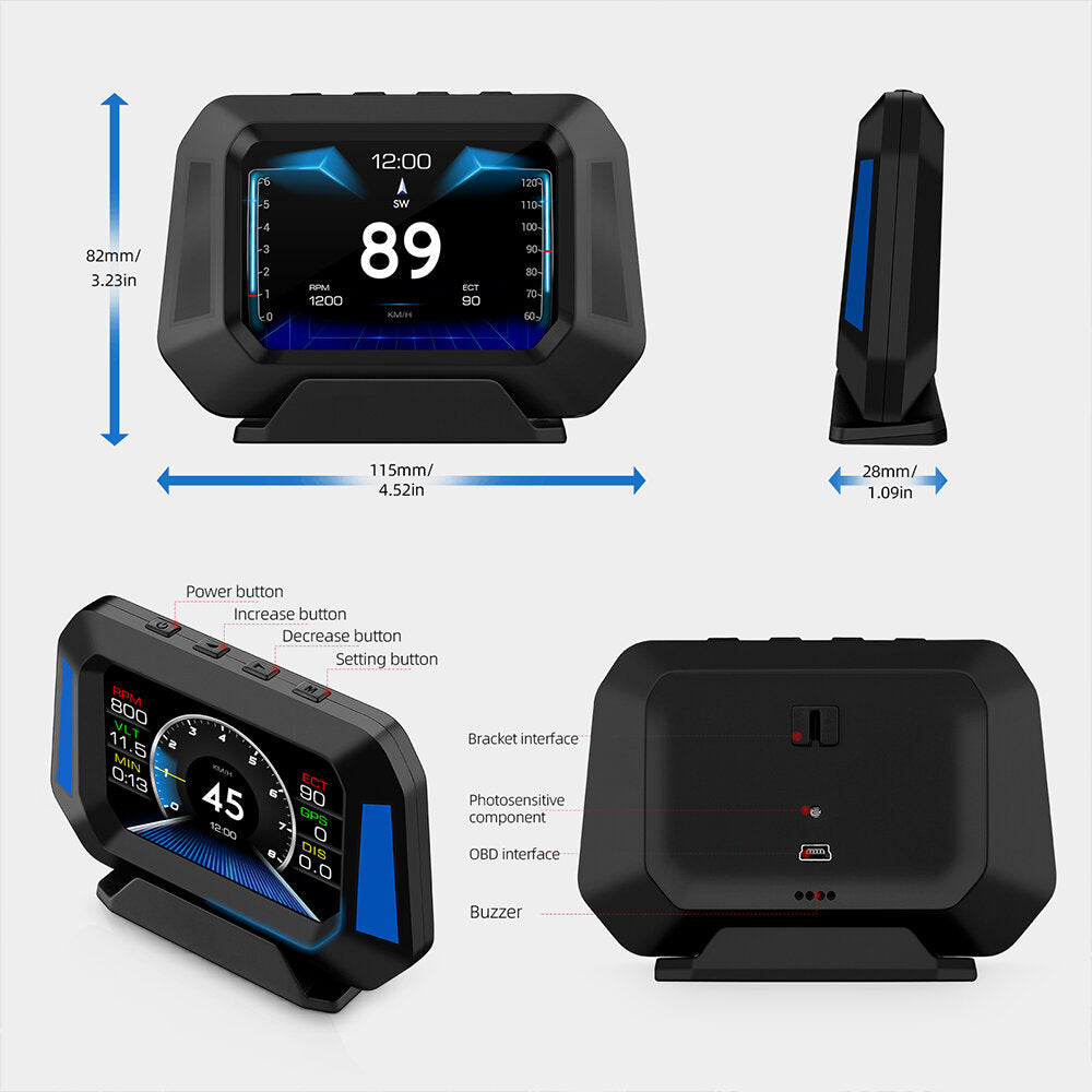 Head Up Display OBD 3.5inch Car Overspeed Warning Inclinometer Auto Electronic Voltage Alarm