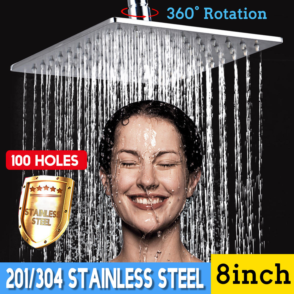 8 Inch Shower Head Large Waterfall 360 Rotation Square 201/304 Stainless Steel