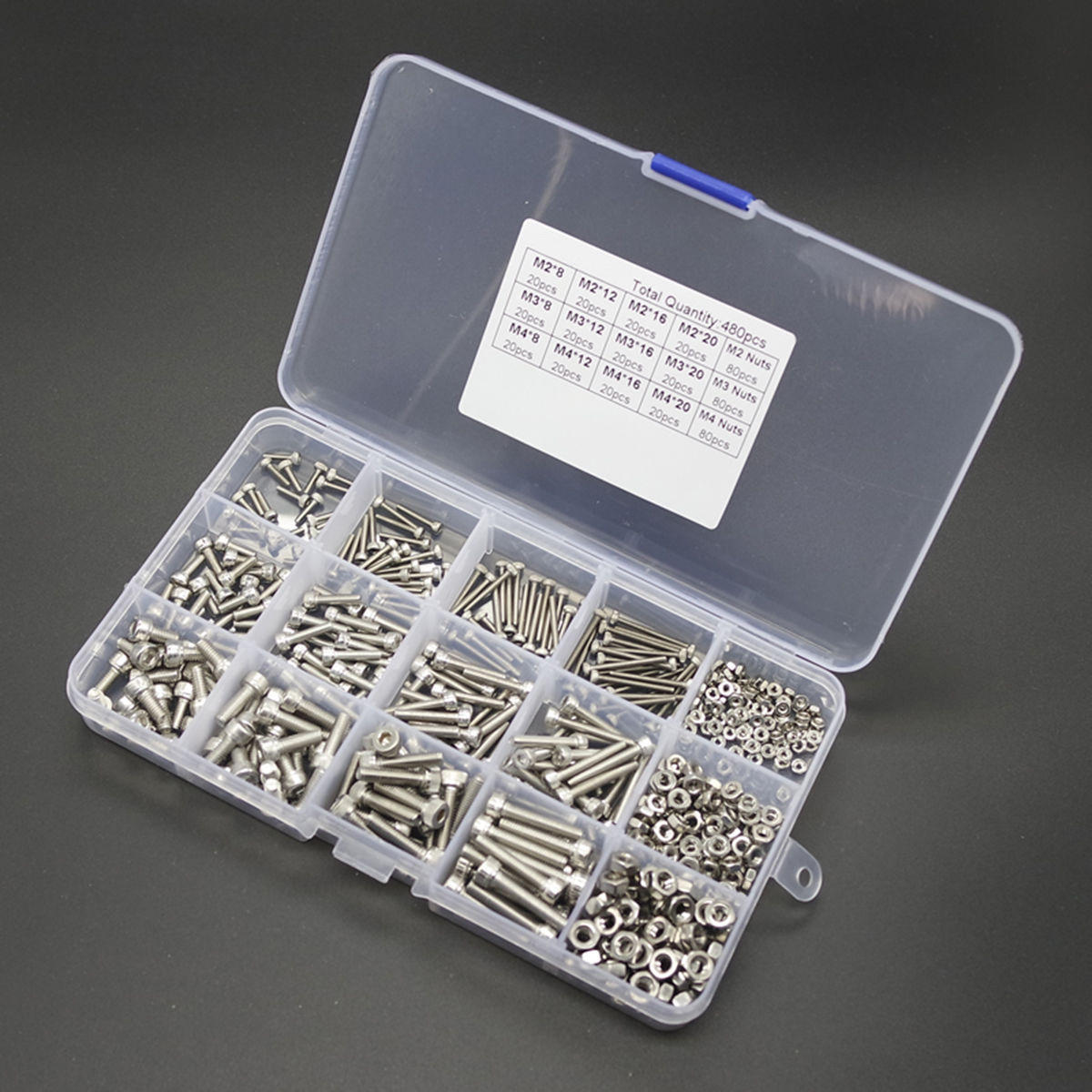 480pcs M2/M3/M4 Hex Socket Screws Set Cap Head Stainless Steel Screw Nuts Repair Tool