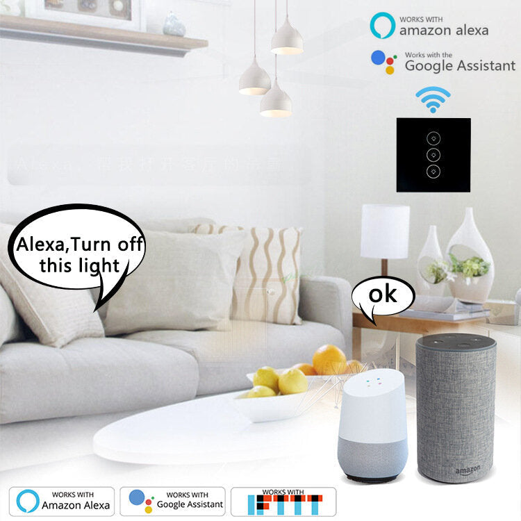 Smart Touch Switch 86 Type Smart EU Standard 3Gang Switch Work with Alexa Google Home WF-WS03 AC100-240V