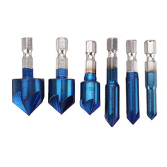 6pcs 6-19mm Countersink Drill Bit 5 Flutes Hex Shank Nano Blue Coated Chamfer Cutter Set