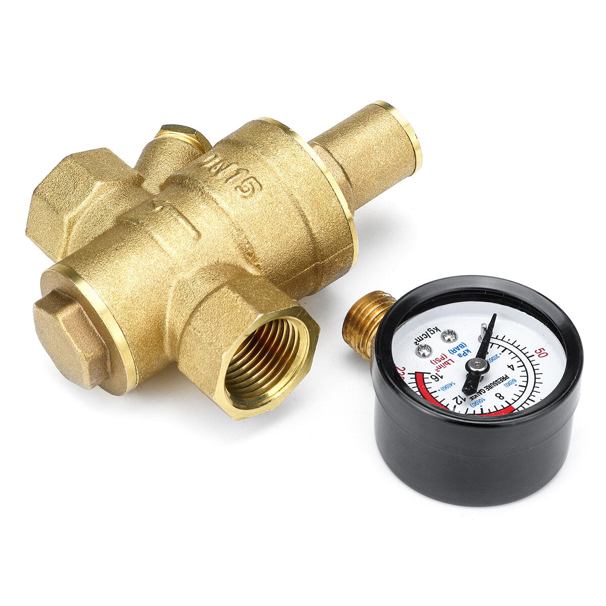 Water Pressure Regulator 16mm Brass Adjustable Reducer DN15 With Gauge Meter