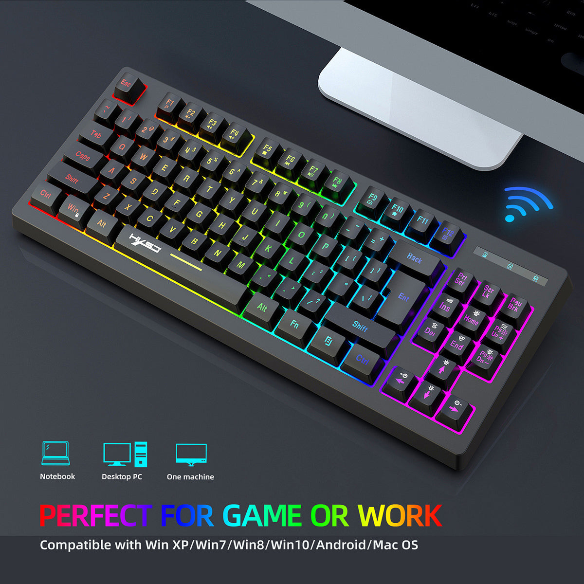 2.4G Wireless Keyboard 87 Keys Multimedia Function RGB Backlit Rechargeable Keyboard for Computer Laptop Home Office