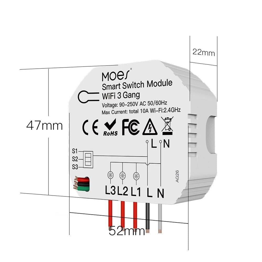 Mini WiFi Smart Light Switch 3 Gang 1/2 Way Module Smart Life/Tuya App Control Works with Amazon Alexa Google Home