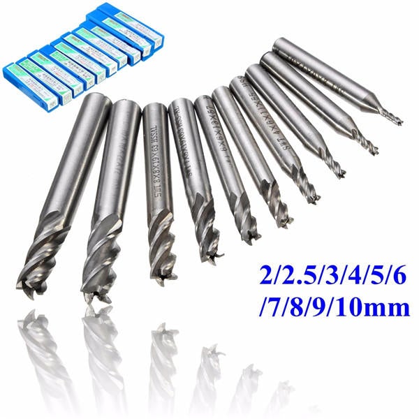 10pcs 2-10mm 4 Flute Milling Cutter HSS-Al End Mill CNC Tool