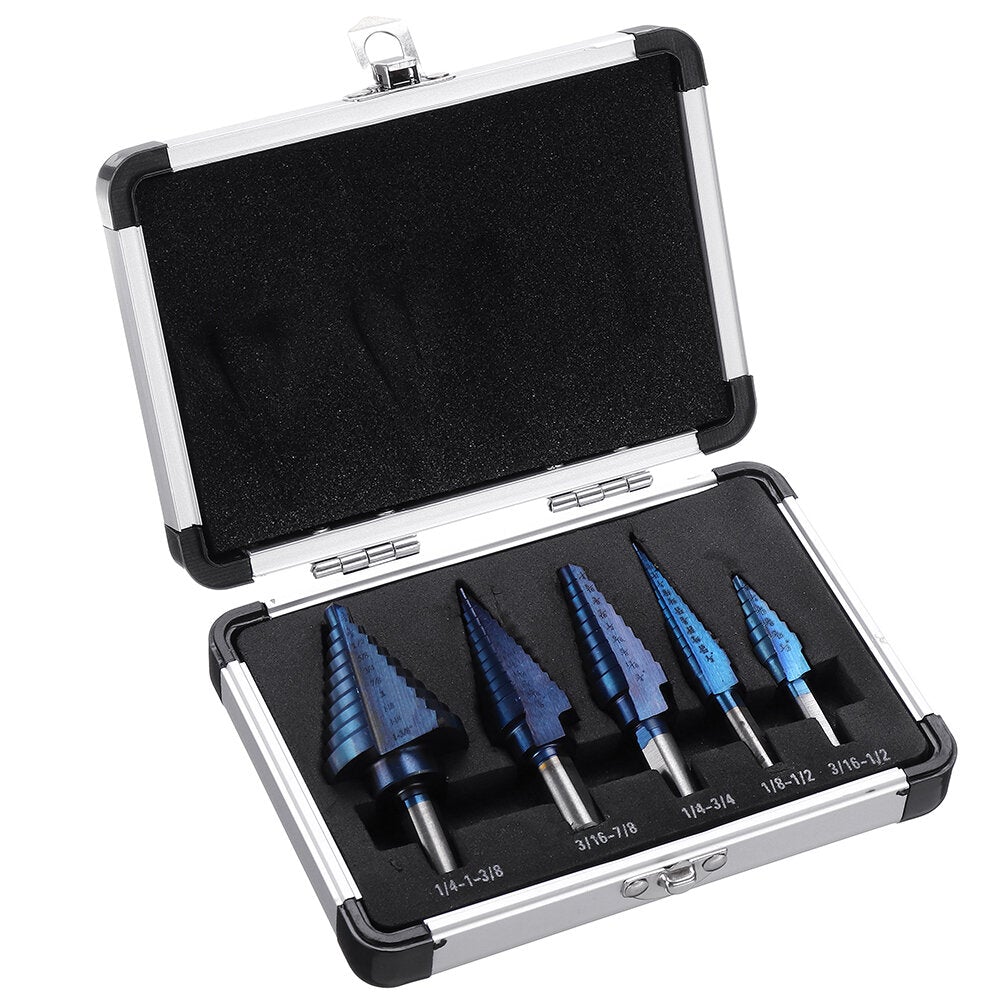 5pcs HSS Blue Nano Coating Step Drill Bit Set Multiple Hole 1/8 to 1-3/8 Inch 50 Sizes with Aluminum Case or Opp Bag