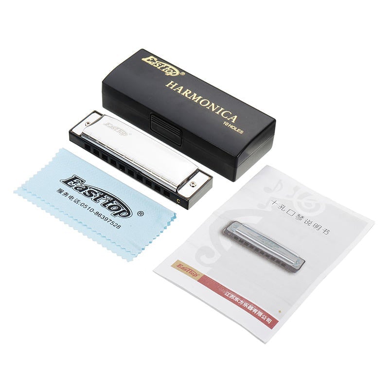C Key 10 Holes Harmonica Blues Harp Stainless Steel Cover Plate with Plastic Box