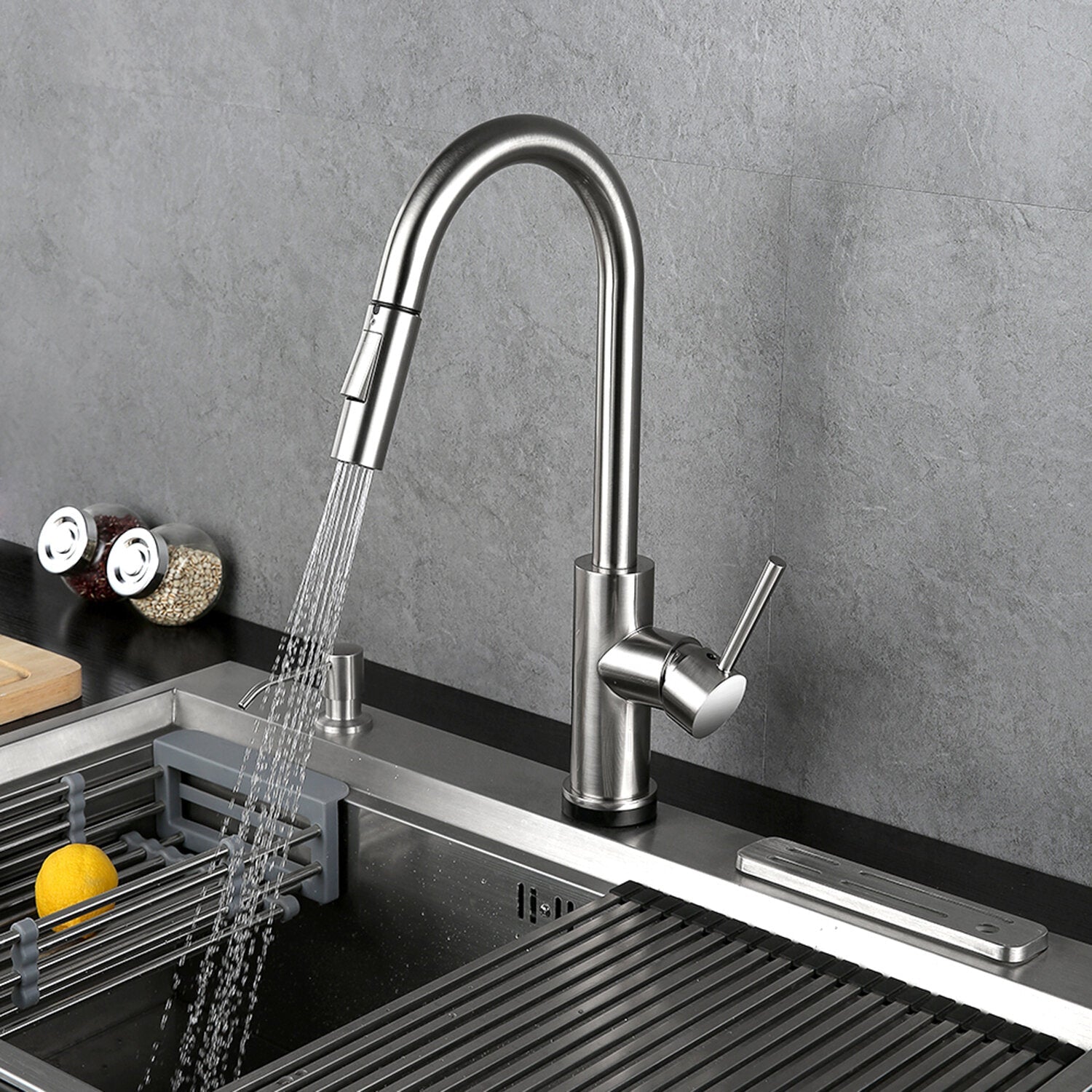 Pull Out Kitchen Faucet 304 Stainless Steel Tap Swivel 360 Degree Splash Proof Sink Hot And Cold Mixer