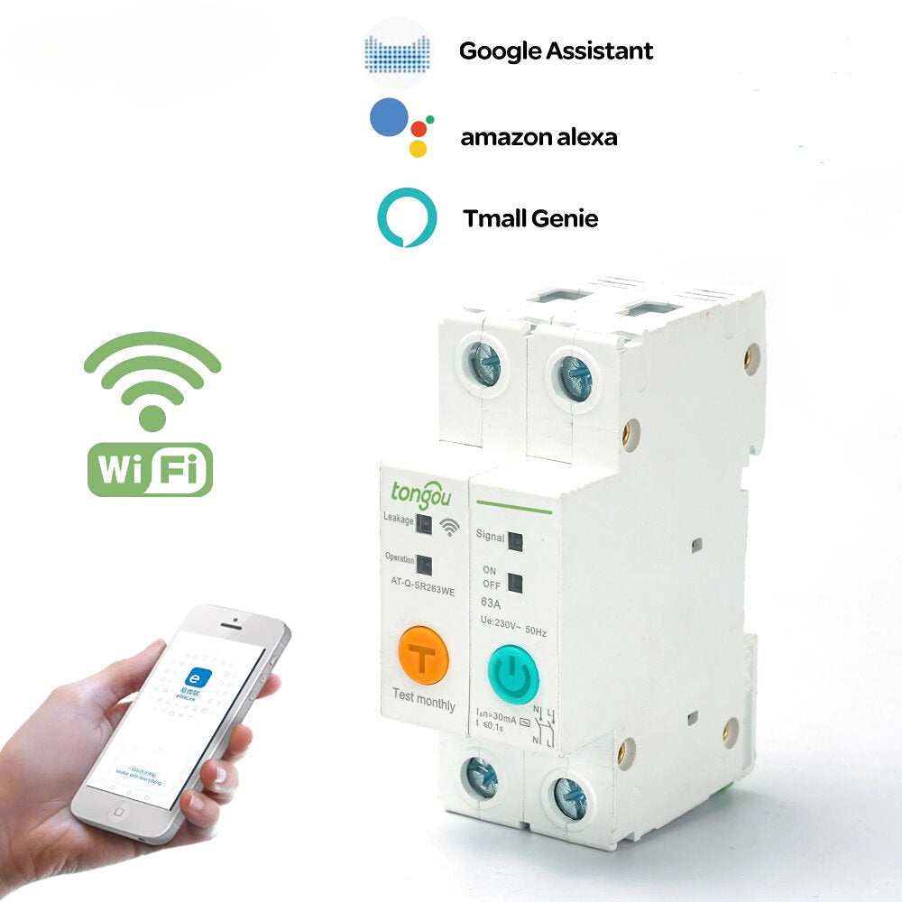 DIN Rail Energy Meter Kwh Metering Monitoring WIFI Circuit Breaker Smart Switch Remote Control for Smart Home 63A with Leakage Protection