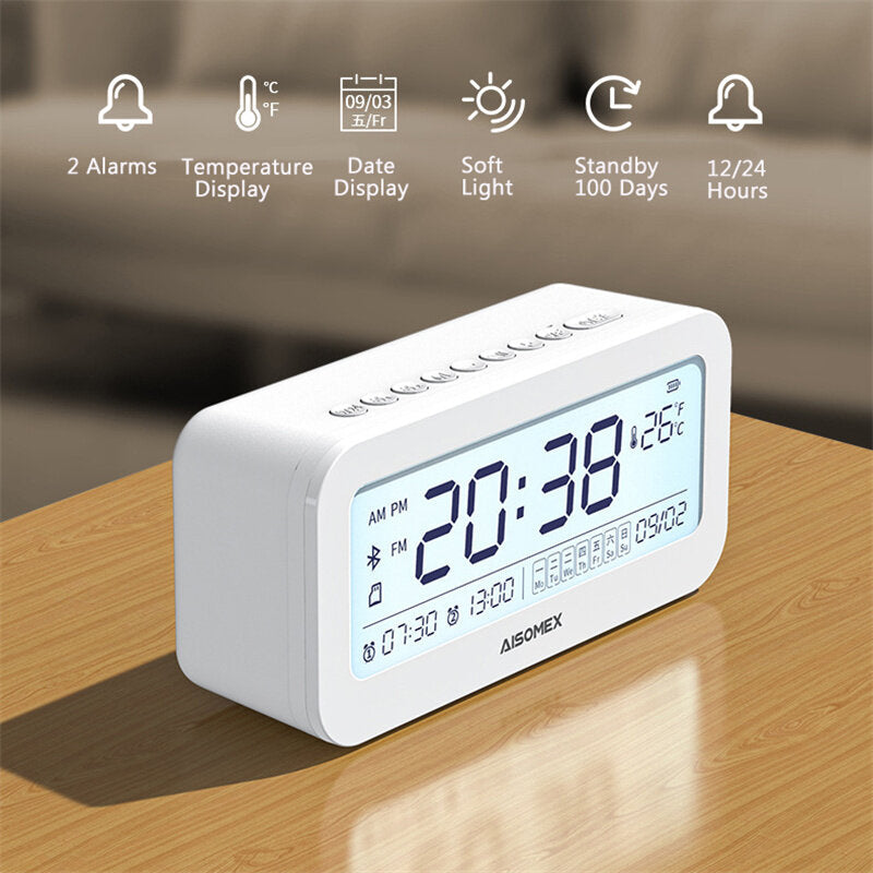 Alarm Clock Speaker Bluetooth 5.0 Day Demperature Display 3 Mode Night Light 1800mAh Battery