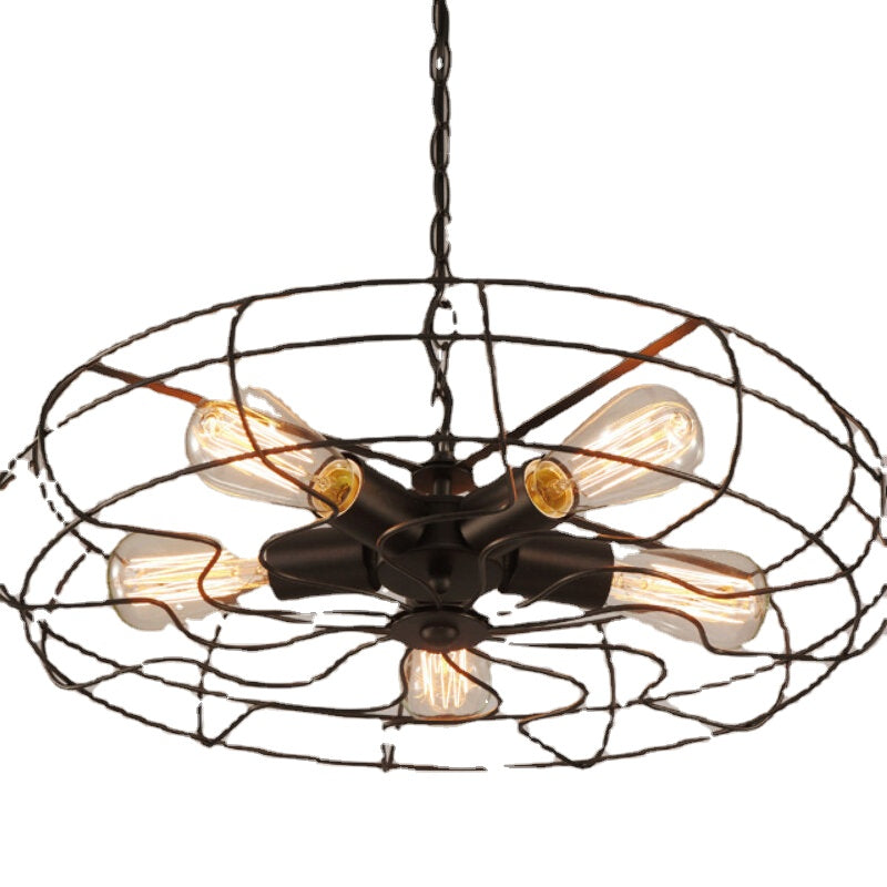 Industrial Wind Guest Dining Cafe Chandelier American Retro Wrought Iron Fan Ceiling Lamp Bar Table Internet Cafe Chandelier