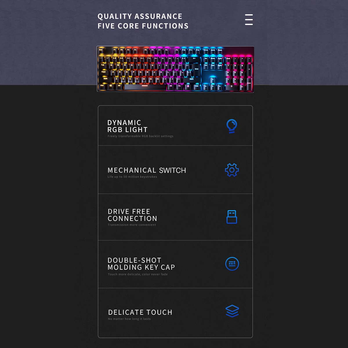 Mechanical Gaming Keyboard 104 Keys XA Profile PBT Double-shot Molding Keycaps Blue Switch RGB Backlit USB Wired Keyboard