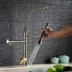 Kitchen Sink Mixer Faucet Pull Out Sparyer 360 Degree Rotation Hot & Cold Water Crane Tap with Dual Spout Chrome Brass Brushed Collapsible