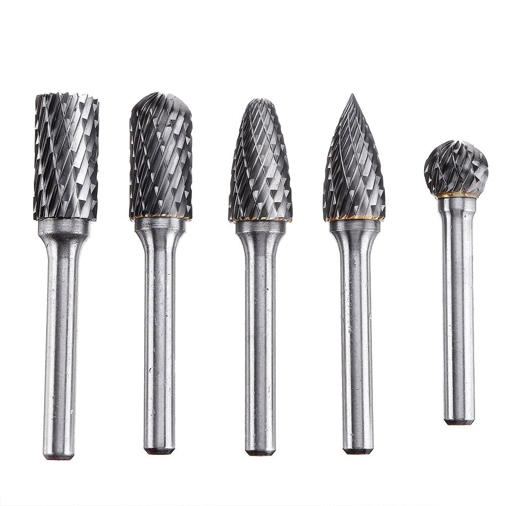 5Pcs 6x12mm Carbide Burr Set with 6mm Shank Double Cut Solid Carbide Rotary Burr Set for Die Grinder Drill Metal Wood Carving Engraving