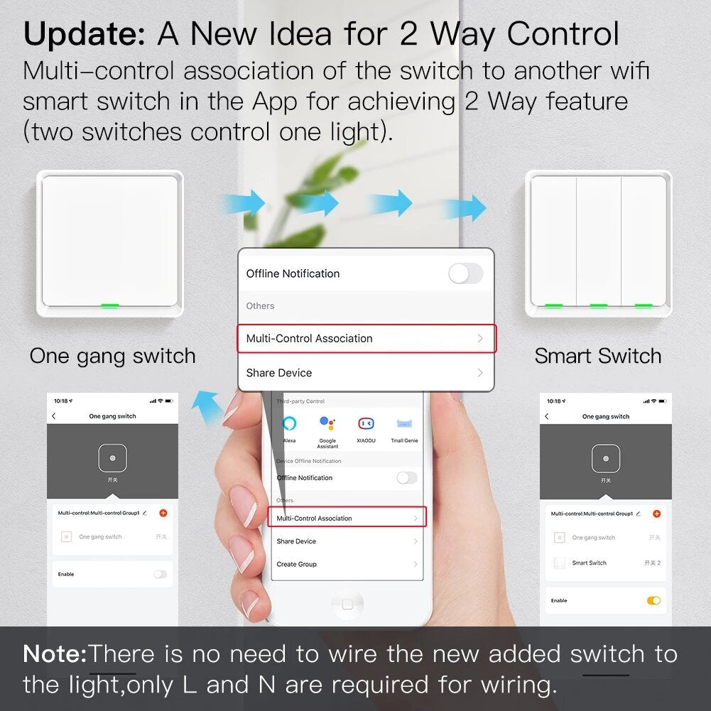 WiFi Smart Wall Light Switch Neutral Wire Required Multi-control Association in App Works with Alexa