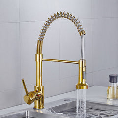 Luxury Gold Kitchen Sink Faucets Brass Single Lever Pull Out Spring Spout Mixers Tap Hot Cold Water Crane