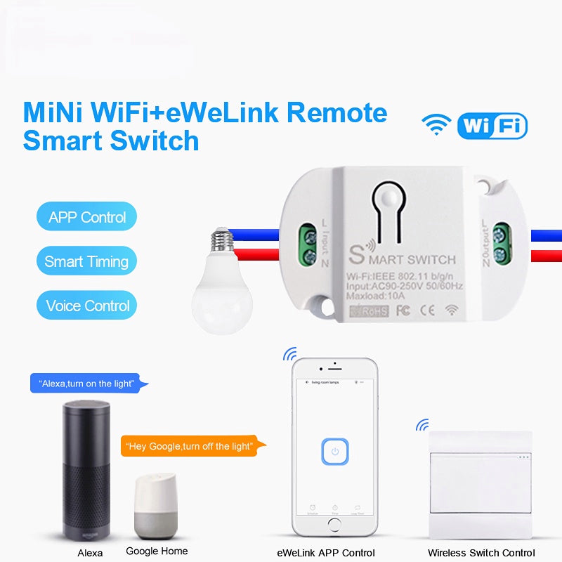 Mini WiFi+Bluetooth Smart Switch App Control Voice Control Light Intelligent Remote Control Switch Module for Smart Home Work with Alexa Google Home