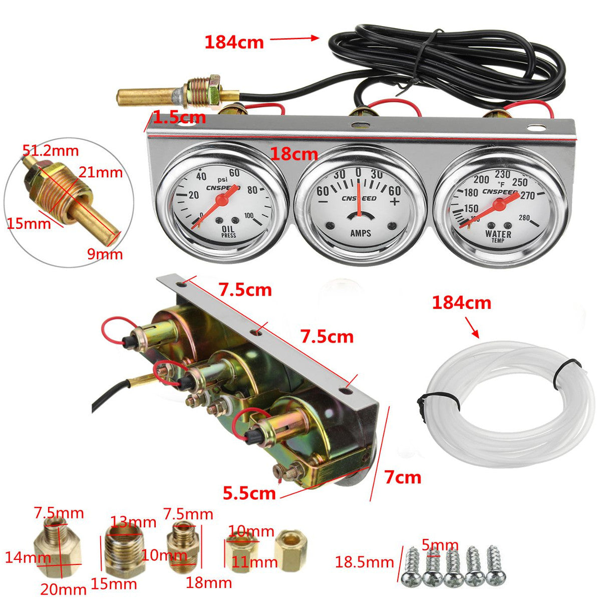 2 Inch 52mm Oil Pressure Water Temp Amp Meter Triple Gauge 3 in 1 Set Chrome Panel