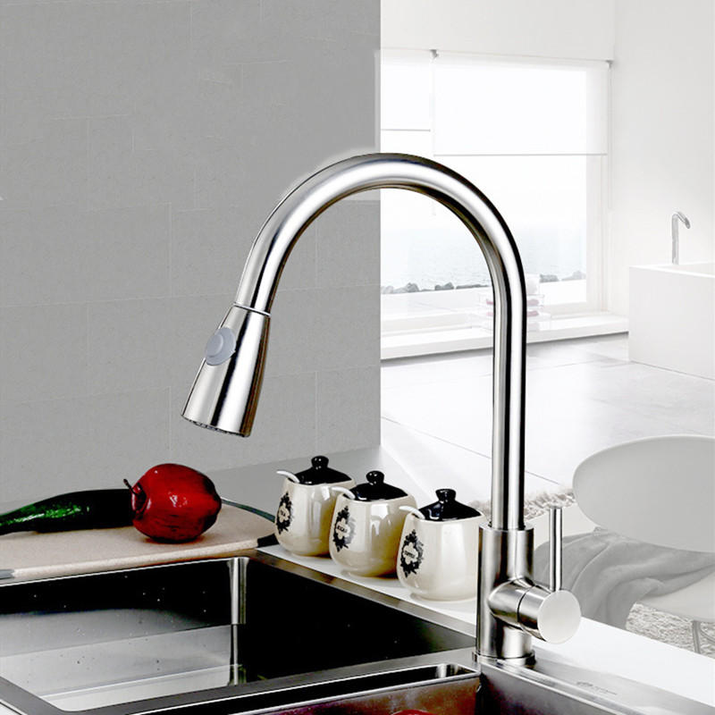 Kitchen Basin Sink Pull Out Faucet 360 Rotatable Drawing Down Sprayer Tap Hot & Cold Water Mixer Single Handle Copper Lead-Free Deck Mount