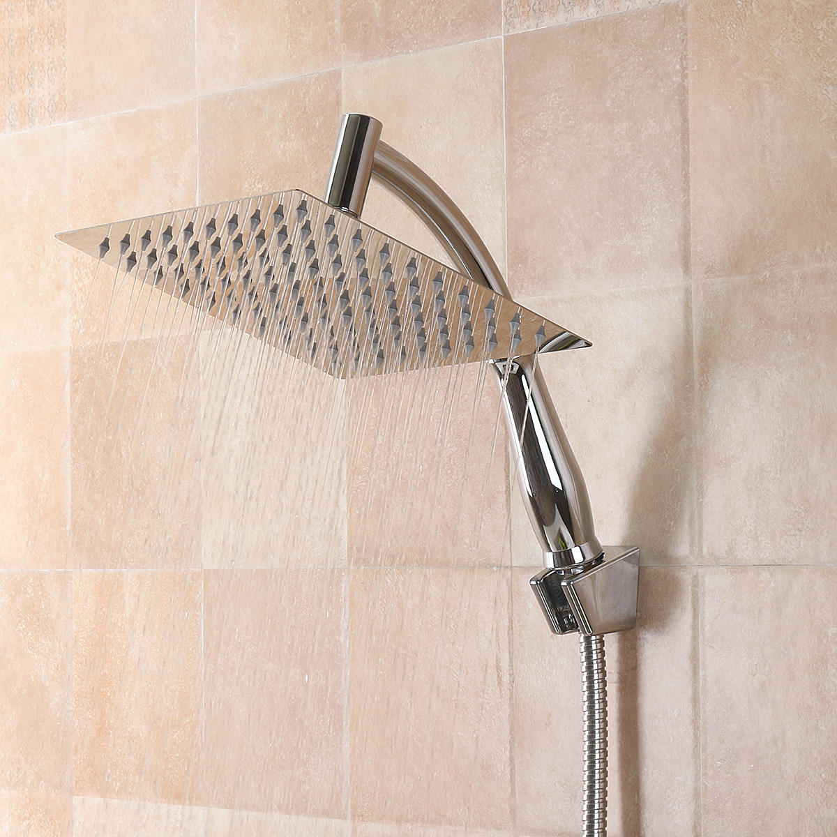 Square 8 Inch Rainfall Shower Head Extension with Arm Hose Kit Overhead
