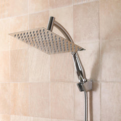Square 8 Inch Rainfall Shower Head Extension with Arm Hose Kit Overhead