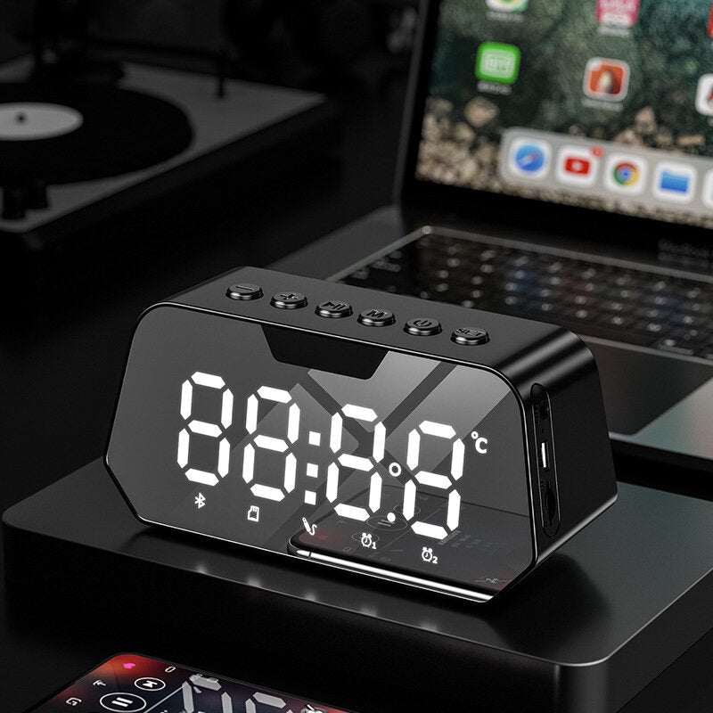 Bluetooth 5.0 Speaker Alarm Clock Multiple Play Modes LED Mirror with FM Function 360 Surround Stereo Sound Real-time Temperature Display 3600mAh