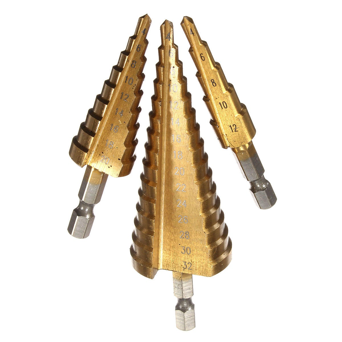 3Pcs 1/4 Inch Hex Shank HSS Titanium Coated Step Drill Bit Set 4-12/4-20/4-32mm in Pouch