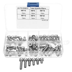 60Pcs M5 Stainless Steel 6-20mm Hex Socket Cap Head Screw Allen Bolt Assortment Kit