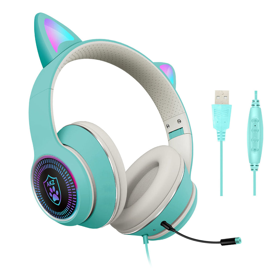 Cat Ear Wired Headset USB 7.1 Channel Stereo Sound Head-mounted Luminous RGB Gaming Headphone with Sound Card Noise-canceling Microphone for PC