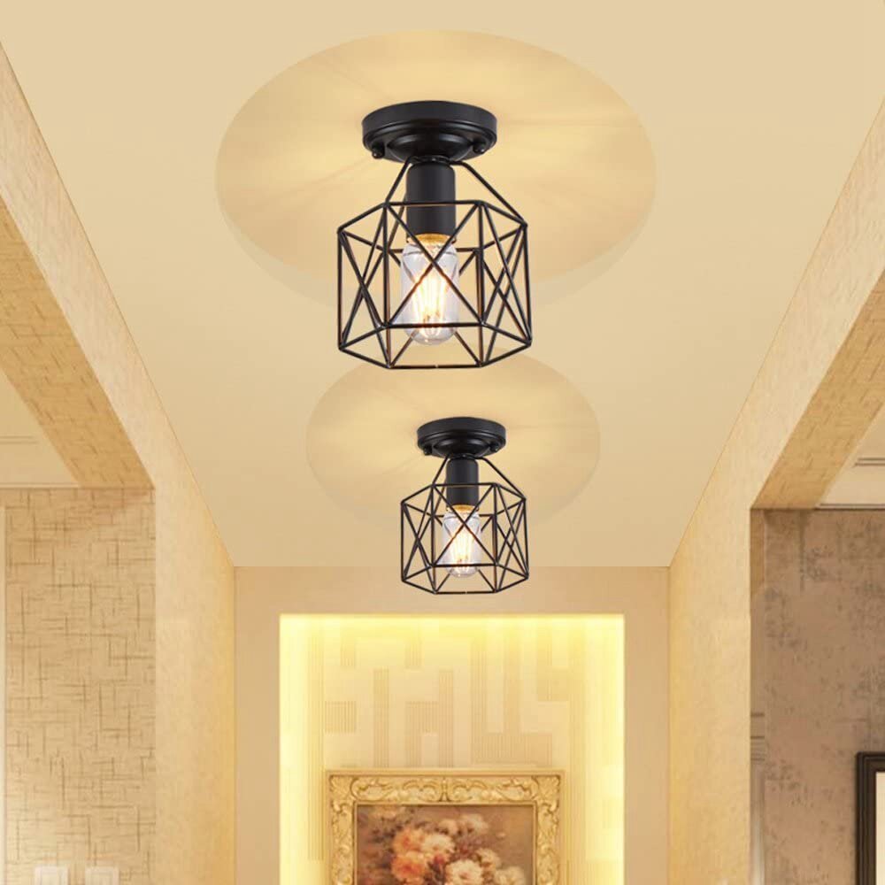 Vintage Wall Lamp Metal&Wood Frame Flush Ceiling Light Fixture