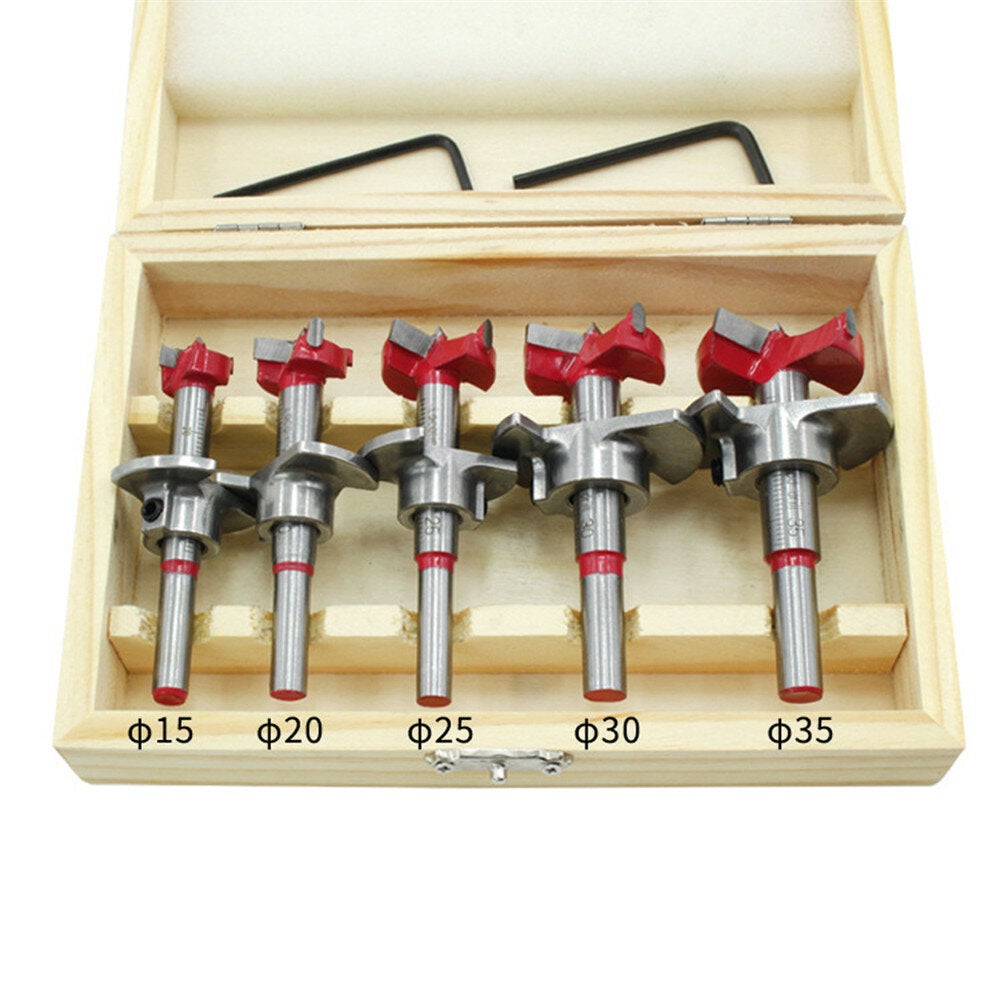 5Pcs Forstner Drill Bit Set 15 20 25 30 35mm Wood Auger Cutter Hexagon Wrench Hole Saw For Power Tools