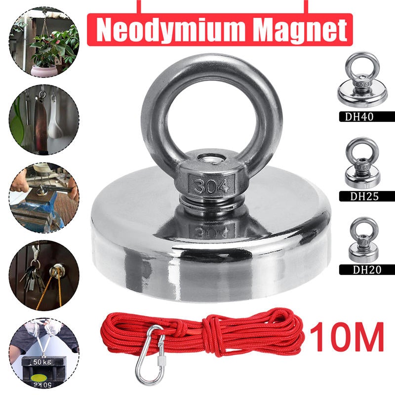 Neodymium Recovery Magnet 20/25/40mm Diameter with 10M Rope for Sea Salvage Hunting Fishing