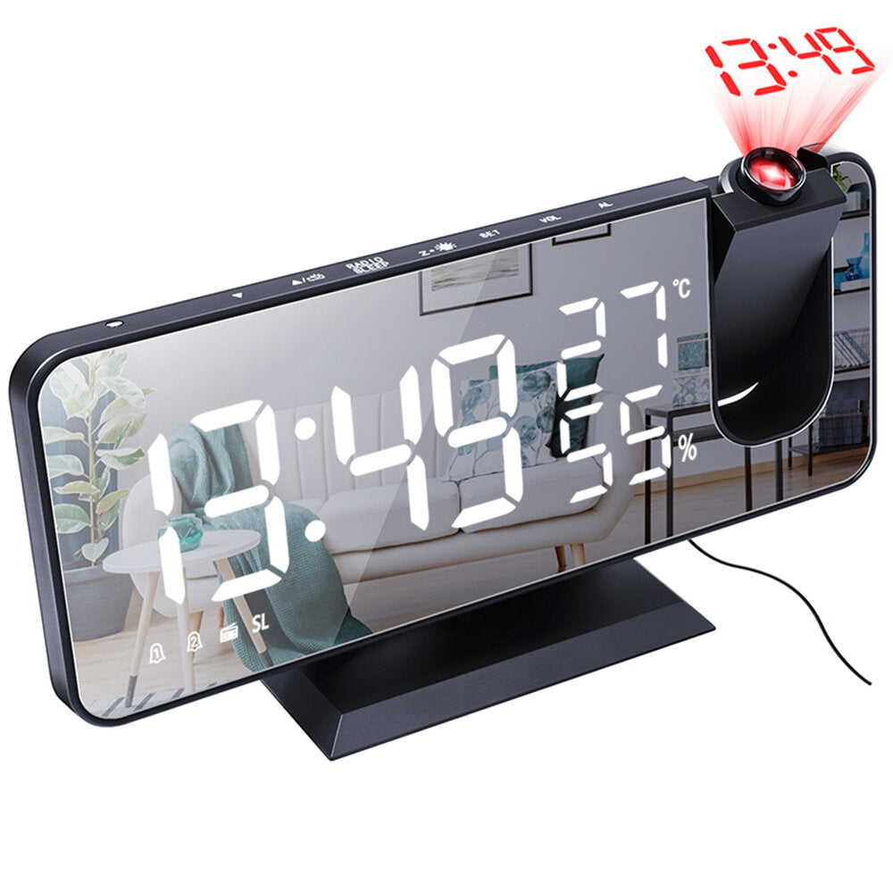 Digital Alarm Clock Electronic USB Wake Up FM Radio HD Red Projection Time Temperature and Humidity Display Table Clock