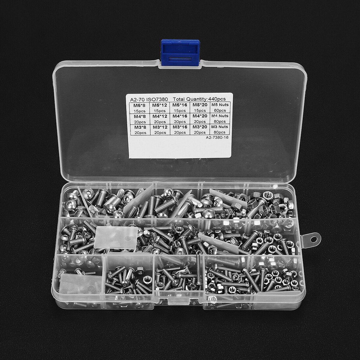 440Pcs M3/M4/M5 Stainless Steel Button Head Hex Socket Cap Screws Bolts Nuts Assortment Kit