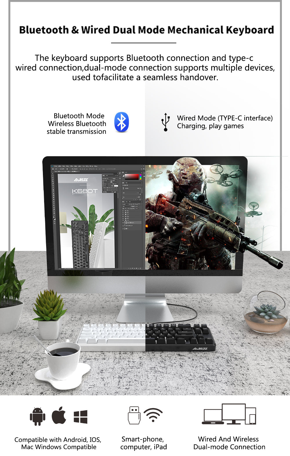 68 Keys Mechanical Keyboard Wireless Bluetooth Wired Dual Mode Anti-ghosting Backlight Mechanical Switch Gaming Keyboard