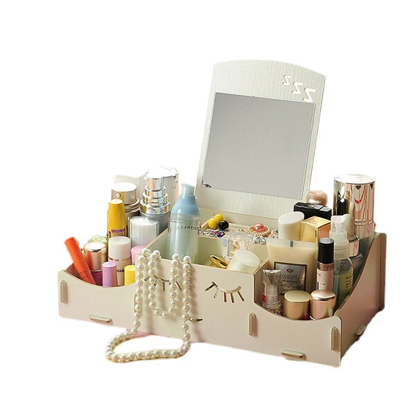 Creative Diy Wooden Cosmetic Storage Box Desktop Storage Container With Mirror Desktop Organizer
