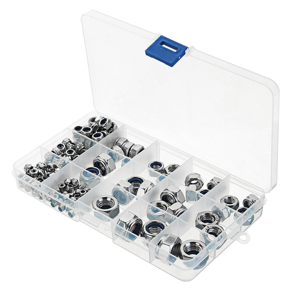 170Pcs Stainless Steel Nylon Insert Lock Nut M3/4/5/6/8/10/12 Locknut Assortment Kit