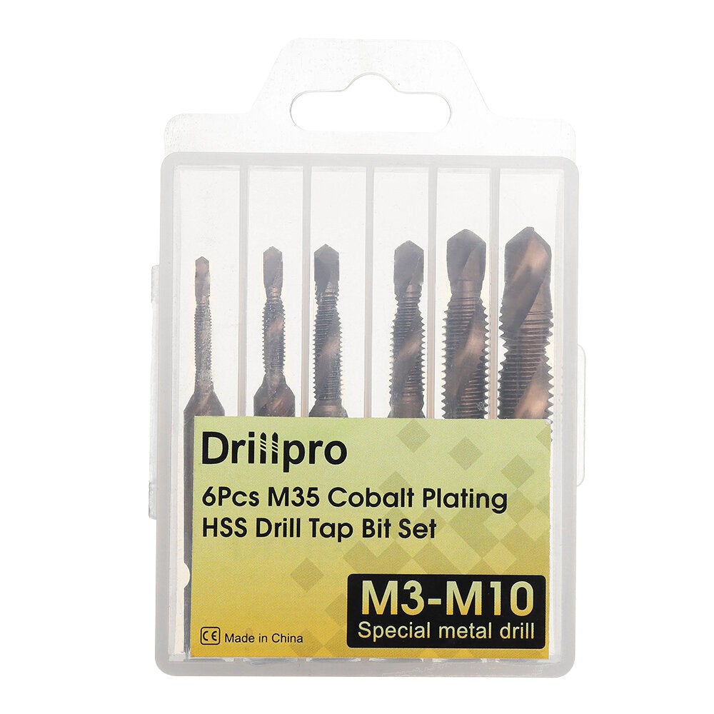 6Pcs M3-M10 M35 Cobalt Plating HSS Hex Shank Spiral Groove Drill Tap Bit Set Co-HSS Metal Threaded Hole Opener