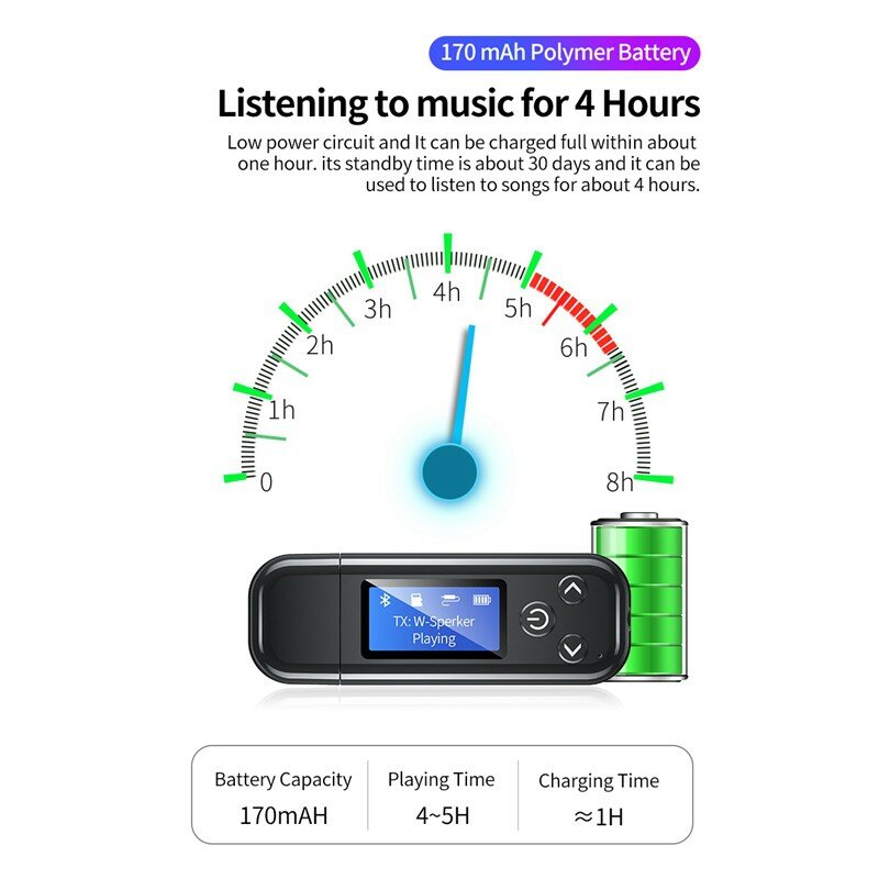 USB Bluetooth Adapter BT5.0 HD TF Card 3.5mm AUX-In 1700mAh LCD Digital Display Receiver Transmitter with Mic