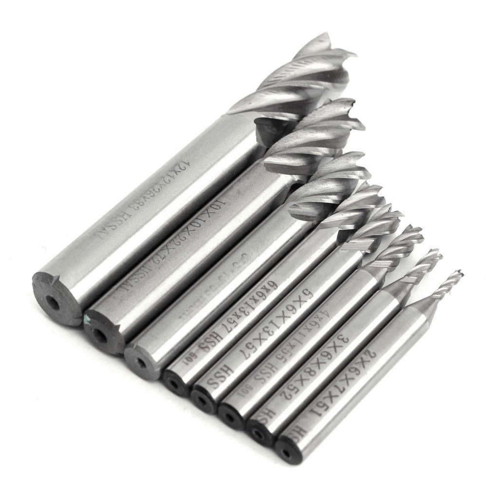 8pcs 2-12mm 4 Flute End Mill Cutter HSS Straight Shank Milling Cutter CNC Tool