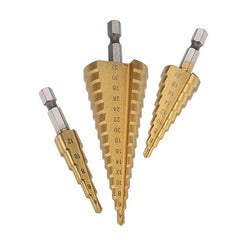3Pcs 1/4 Inch Hex Shank HSS Titanium Coated Step Drill Bit Set 4-12/4-20/4-32mm in Pouch