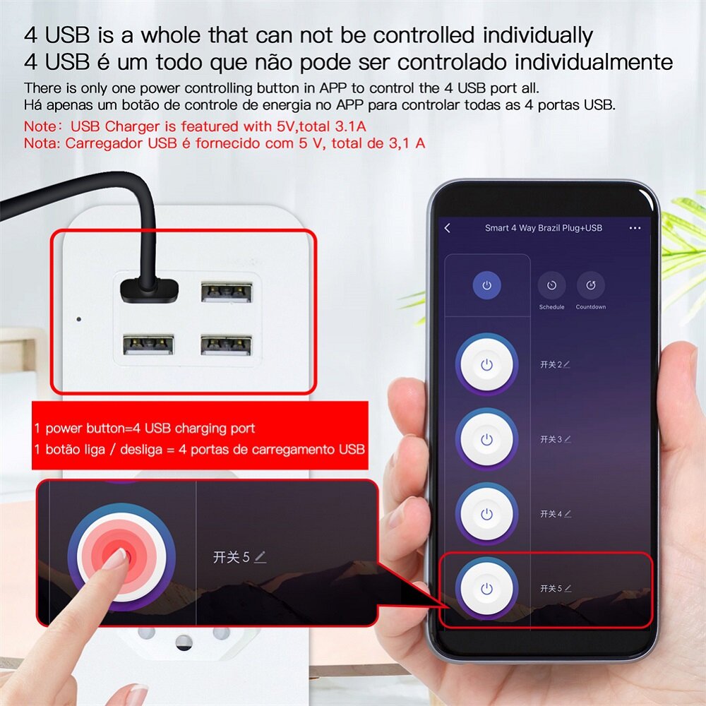 Smart Wifi Brazil Standard Socket 4 Outlets + 4 USB Charging Port App Remote Control Works with Alexa Google Home,110-240V