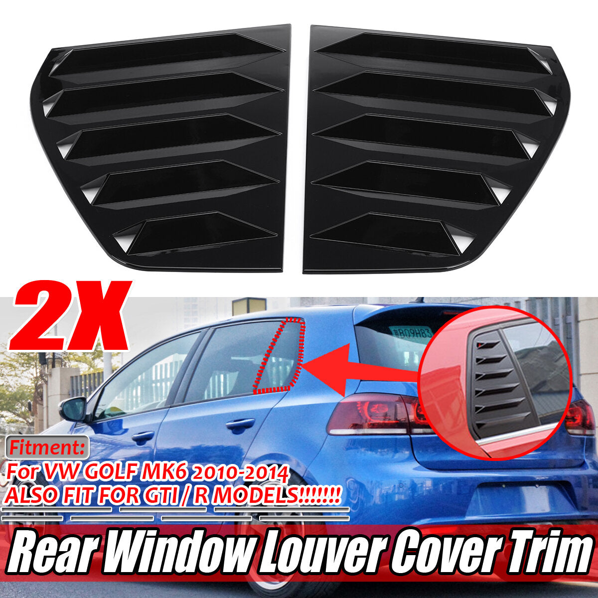 Rear Window Louver Shutter Cover Trim For VW GOLF MK6 2010-2014 Glossy Black